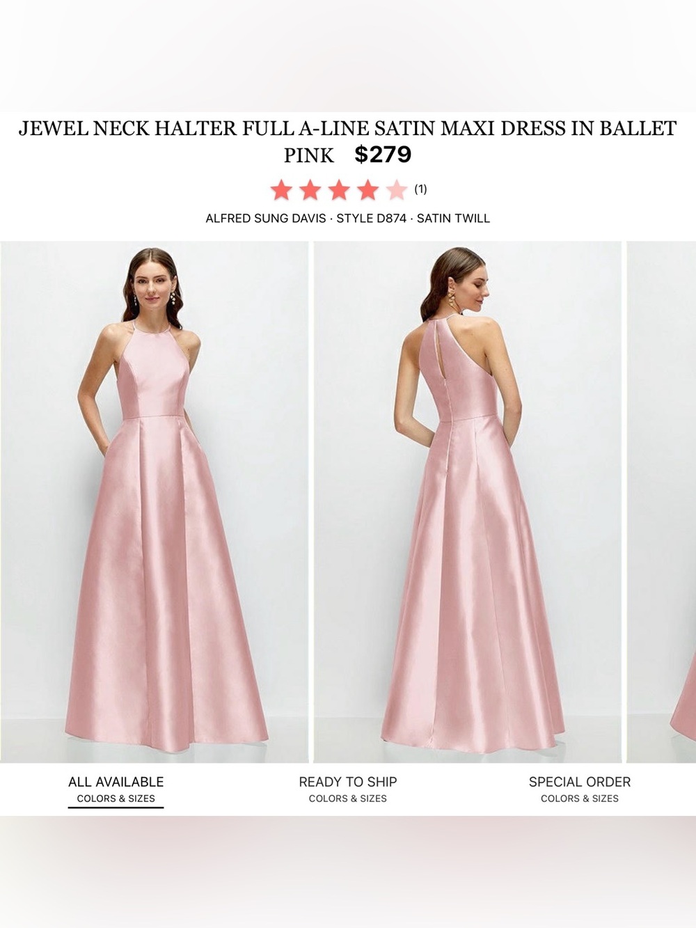 ALFRED SUNG Ballet Pink Jewel Neck Halter Satin A-Line Maxi Dress